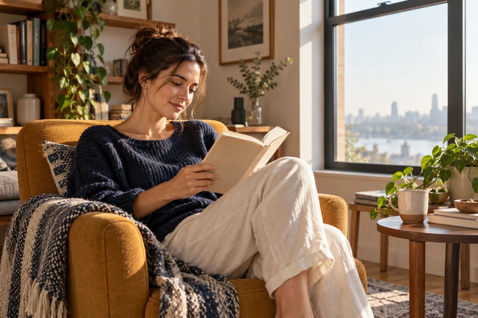 Reader enjoying a book in a sunlit room